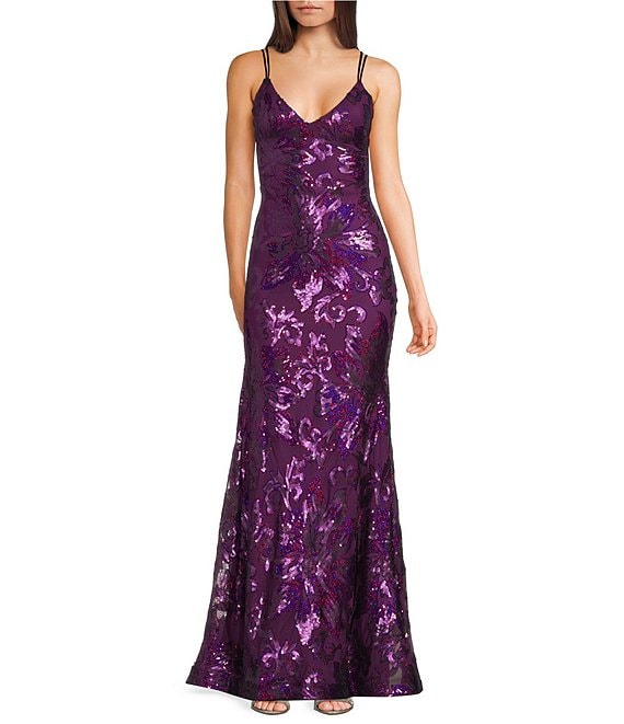 B. Darlin Double Spaghetti Strap Lace Up Back V-Neck Placement Sequin Long Prom Dress, Womens, 5, Dark Purple