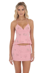 Sequin Beaded Floral Skirt in Pink
