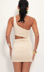 One shoulder Ruched Cutout Dress in Champagne