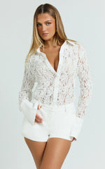 Regina Top - Textured Lace Button Down Shirt in White