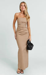 Jamie Maxi Dress - Strapless Ruched Fitted Column Dress in Mocha