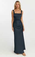 Rumi Maxi Dress - Ruched Bodice Satin Dress in Navy
