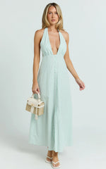 Jeienn Midi Dress - Ruched Shoulder Bodice A Line Placket Front Skirt Dress in Mint Stripe