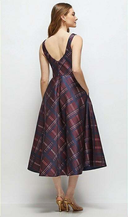 Square Neck Alba Tartan Satin Midi Dress in Cabernet Midnight Tartan (Red)