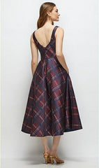 Square Neck Alba Tartan Satin Midi Dress in Cabernet Midnight Tartan (Red)