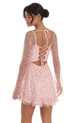 Sequin Flare Long Sleeve Dress in Pink