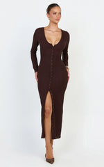 Zayla Midi Dress - Long Sleeve Button Front Bodycon Dress in Chocolate