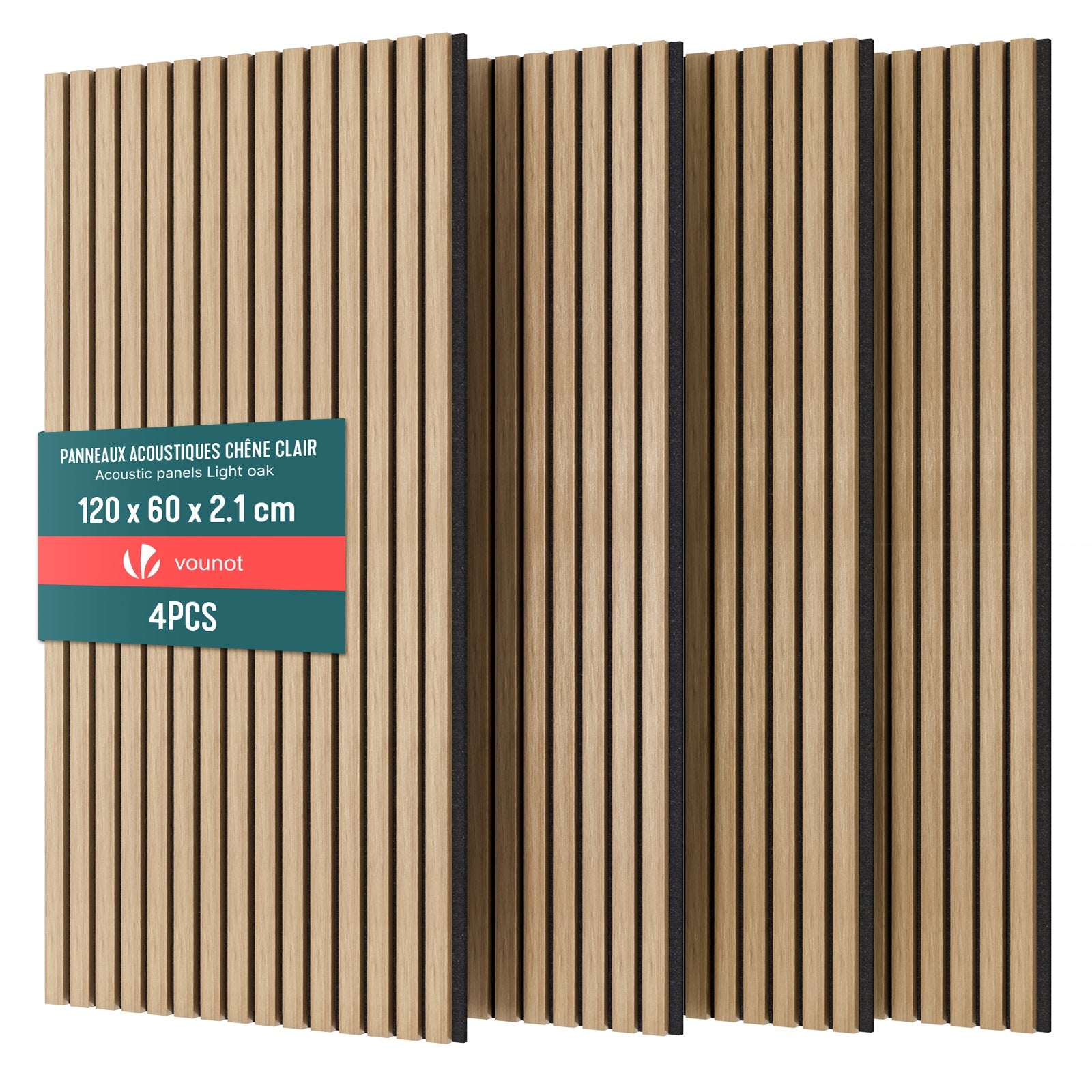 4er Set Akustikpaneele 120 × 60 × 2,1 cm, Akustik Wandpaneele in Holzoptik Hell-Eiche - VOUNOT DE