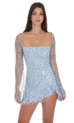 Sequin Flare Long Sleeve Dress in Light Blue