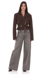 Faux Leather Cropped Moto Jacket in Brown