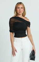 Sophia Top - Draped One Shoulder Mesh Overlay Top in Black
