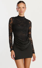 Thalassa Mini Dress - Turtle Neck Long Sleeve Drape Bias Cut Dress in Black