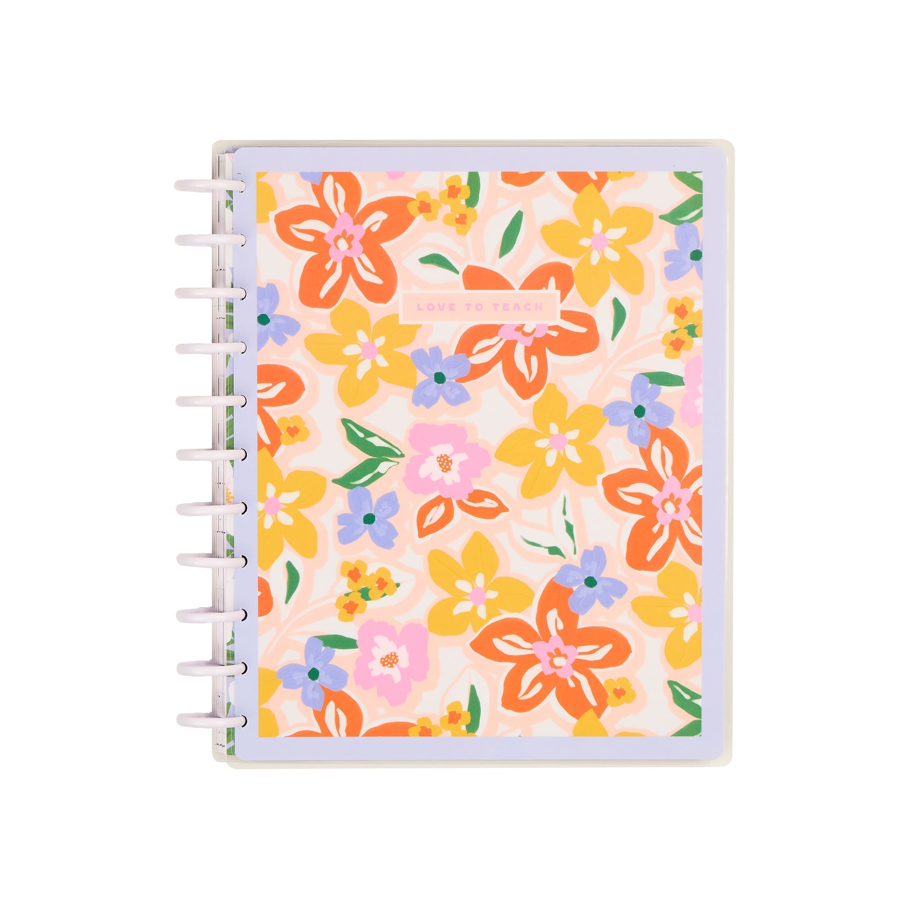 2026–2027 Blossom Bright Customizable Teacher Planner - Big Teacher Layout - 12 Months with a colorful floral cover featuring orange, yellow, pink, and purple flowers and white disc binding