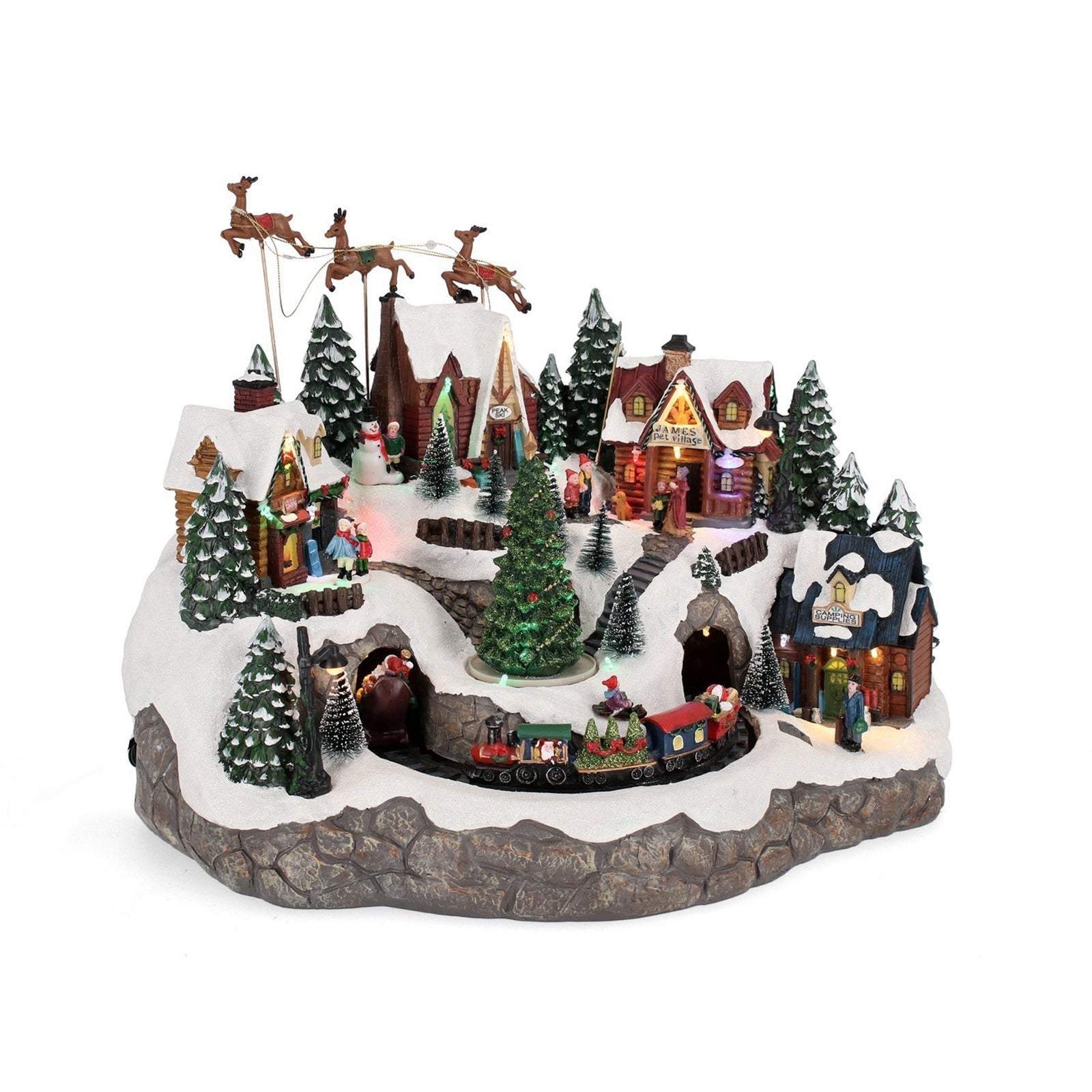 Paysage de Noël "Denver" avec train et rennes en polyrésine avec lumières LED pour villages de Noël