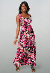 Ladies' Stretch Cotton Tank Maxi Dress, Tea Rose Graphic Leaves