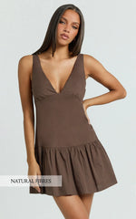 Virginia Mini Dress - Dropped Waist Gathered Mini Dress in Chocolate