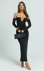Isabelle Midi Dress - Ruche Front Deep U Off Shoulder Fitted Dress in Black