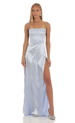 Rhinestone Satin Maxi Dress in Periwinkle