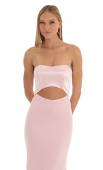 Satin Corset High Low Crepe Maxi Dress in Pink