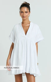 Calissa Mini Dress - Frill Hem Smock Dress in White