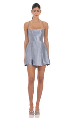Crinkle Metallic Fit and Flare Dress in Slate Blue