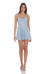 Sequin Ruffle Strap A-Line Dress in Light Blue
