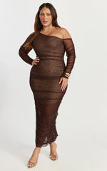 Ellen Midi Dress - Asymmetric Mesh Ruched Bodycon Dress in Brown