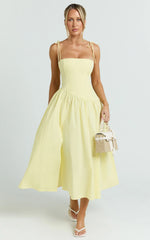 Myrtle Midi Dress - Straight Neck Curved Drop Waist Gathered Full Skirt Dress in Lemon
