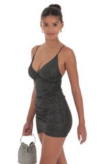 Shimmer Ruched Cross-Back Dress in Black