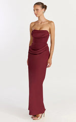 Phoebe Maxi Dress - Strapless Structured Bodice Drape Skirt Dress in Wine