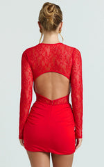 Imelda Mini Dress - Contrast Lace Long Sleeve Ruched Bodycon Dress in Red