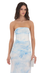 Mesh Strapless Corset Maxi Dress in Blue Tie Dye