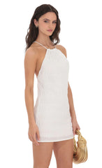 Textured High Neck Dress in White