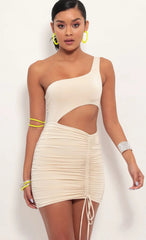 One shoulder Ruched Cutout Dress in Champagne