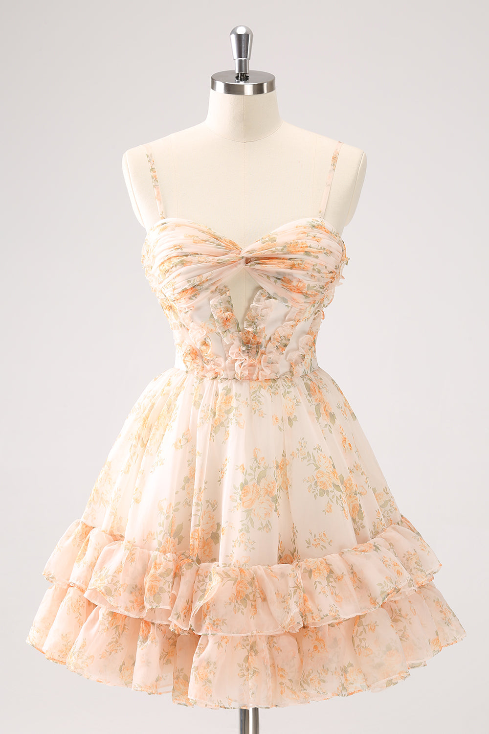 Yellow A-Line Front Twist Short Floral Homecoming Dress With Ruffles