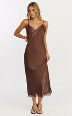 Ava Midi Dress - Lace Trim Scallop Hem Camisole Dress in Chocolate