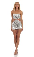 Silver Sequin Cutout Dress in White