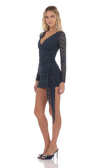 Lace Long Sleeve Tassel Dress in Navy