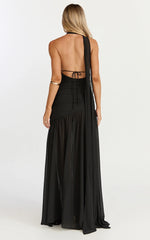 Enya Maxi Dress - One Shoulder Neck Tie Ruched High Split Dress in Black