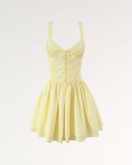 Bright yellow mini dress with adjustable suspender straps, preppy feminine style dress