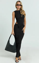 Klarisse Two Piece Top and Skirt Set - Asym Top and Maxi Skirt Set in Black