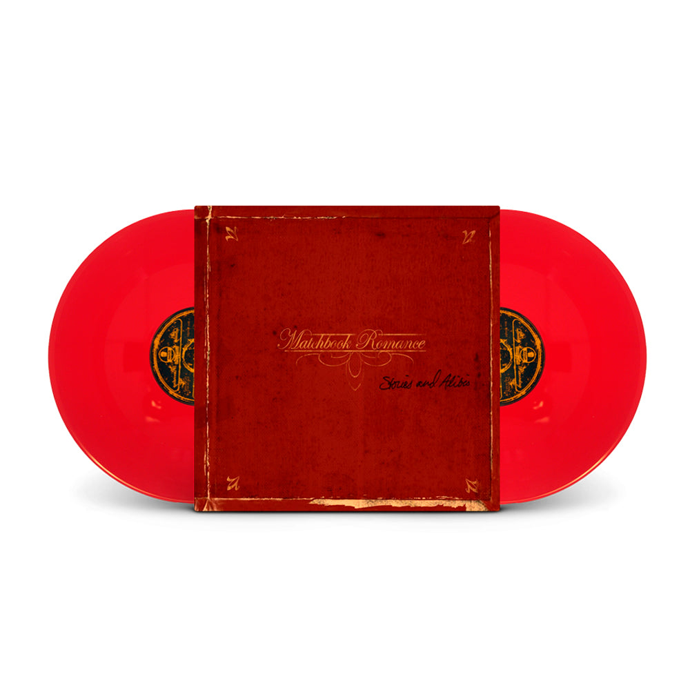 Two bright red vinyl records partially slide out of a square album cover with a brown, vintage book-like design and gold cursive text that reads Matchbook Romance, featuring tracks like Playing for Keeps.