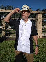 Men's Casual Cuban Collar Retro Shirt Black White D'Accord 5031