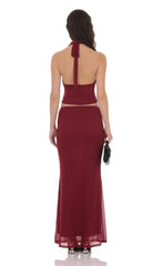 Mesh Plunge Neck Two Piece Set in Maroon