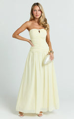 Mercy Midi Dress - Ruched Strapless Dress in Butter