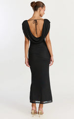 Zena Midi Dress - Cowl Neck Tie Detail Dress in Black