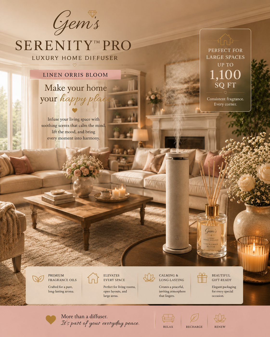 ✨ Gem’s Serenity™ Pro Linen Orris Bloom Master Suite Collection Luxury Home Diffuser | Up to 1,100 sq ft Coverage