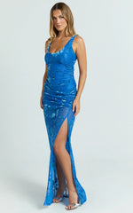 Inez Maxi Dress - Scoop Neck Gathered Front Split Dress in Blue