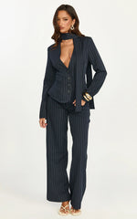 Georgie Top - Button Down Fitted Pinstripe Scarf Blazer Top in Dark Navy