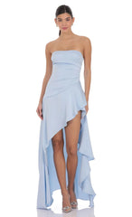Satin High Low Maxi Dress in Light Blue